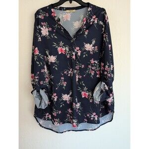 Timeson Floral V-Neck Blouse - Navy Blue & Pink - Size 2XL Roll Tab Sleeves